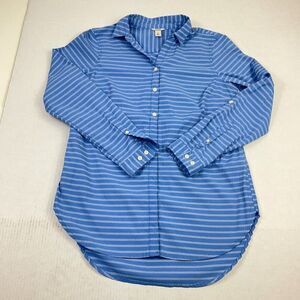 LL Bean Womens Button Down Shirt Blue Striped Tunic Long Sleeve Roll Tab Small